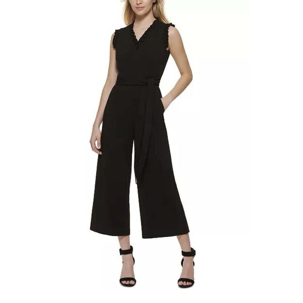 CALVIN KLEIN S/LESS RUFFLE TRIM CROPPED  FLARE LEGS JUMPSUIT BLACK  Size 12 Sexy